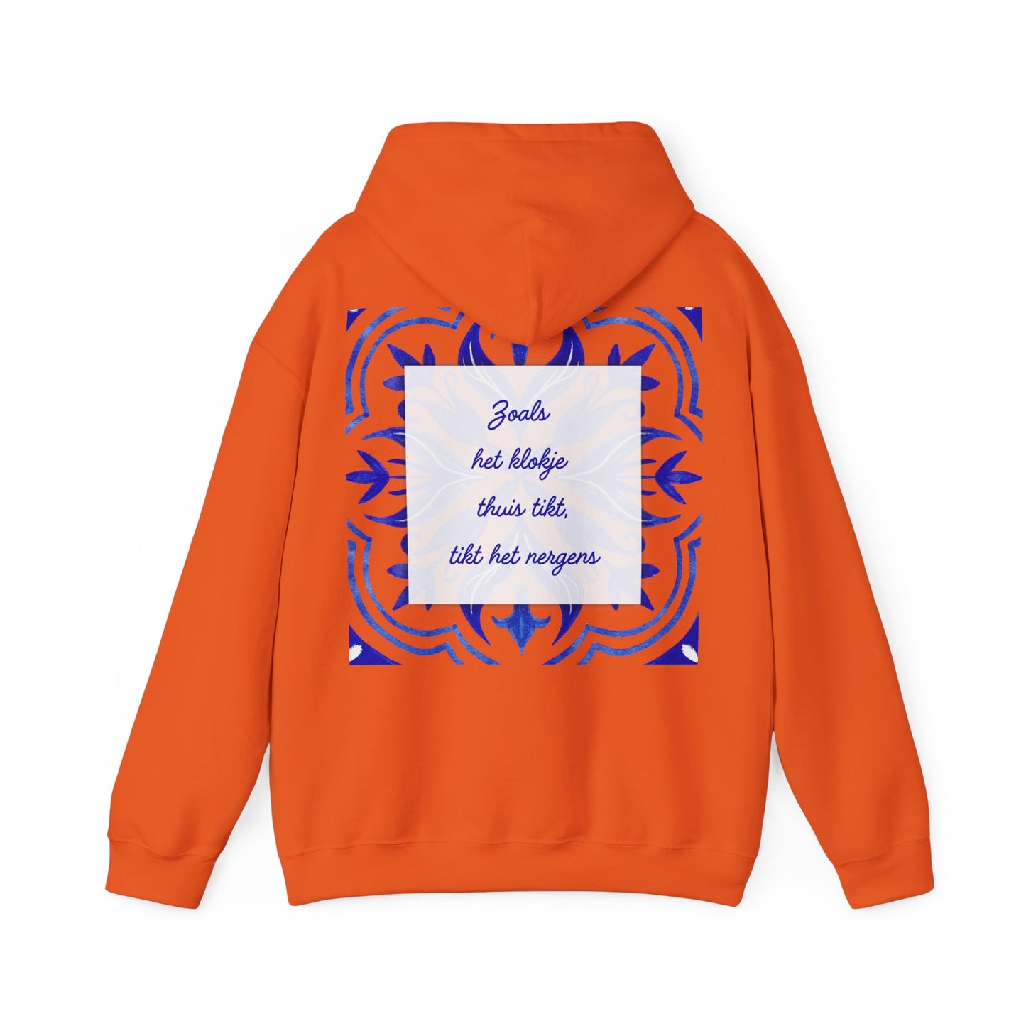 Cozy Unisex Heavy Blend Hoodie with Decorative Blue Design - 'Zoals het thuis tikt'