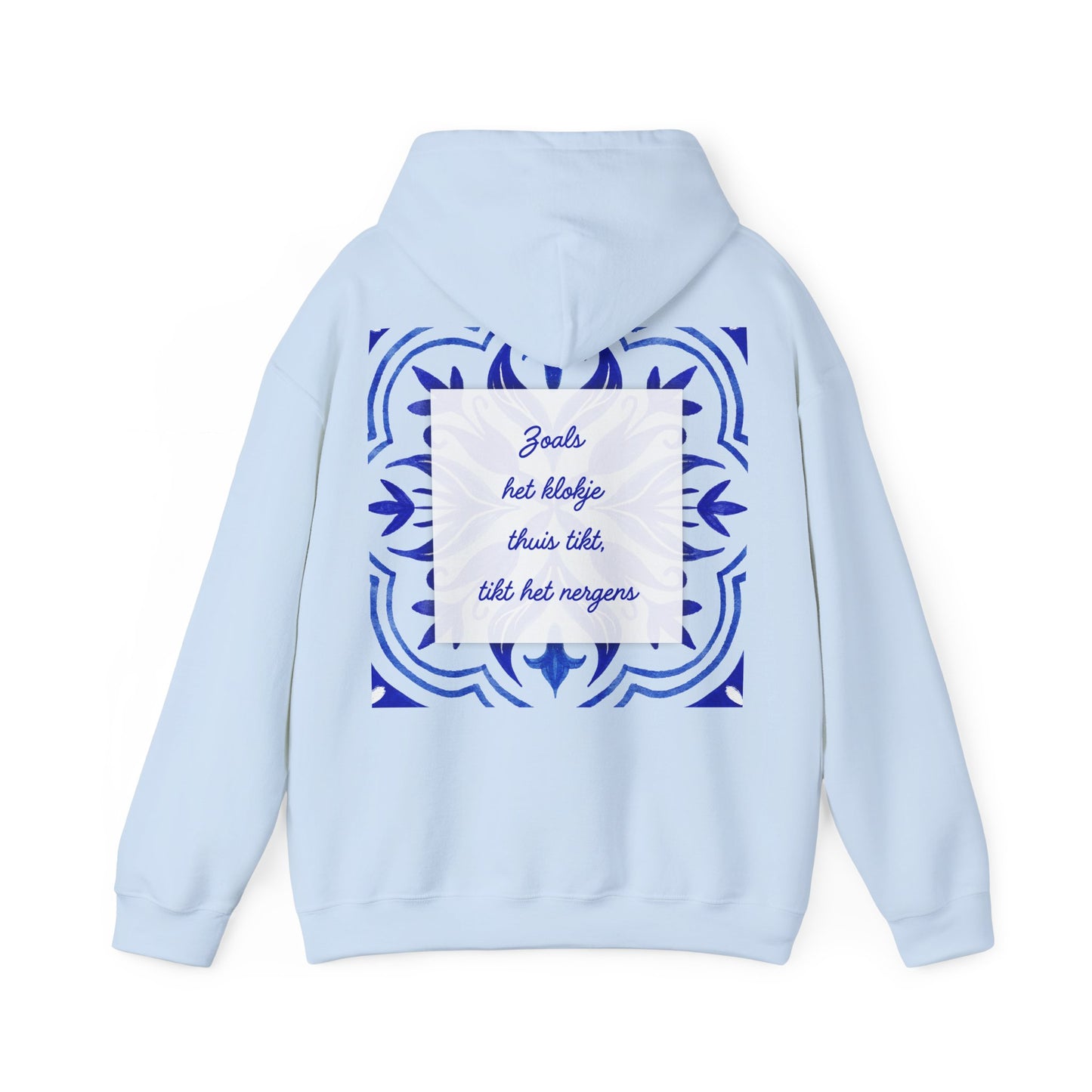 Cozy Unisex Heavy Blend Hoodie with Decorative Blue Design - 'Zoals het thuis tikt'