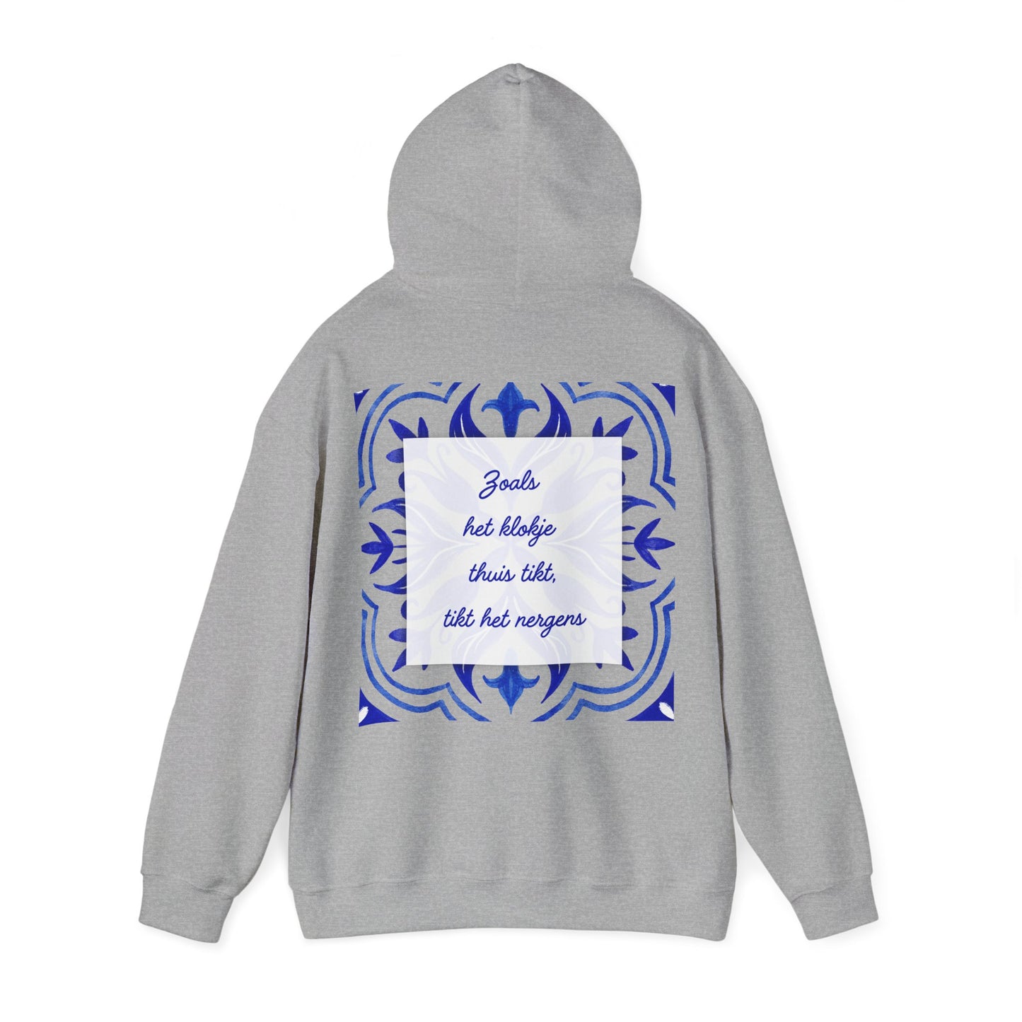 Cozy Unisex Heavy Blend Hoodie with Decorative Blue Design - 'Zoals het thuis tikt'