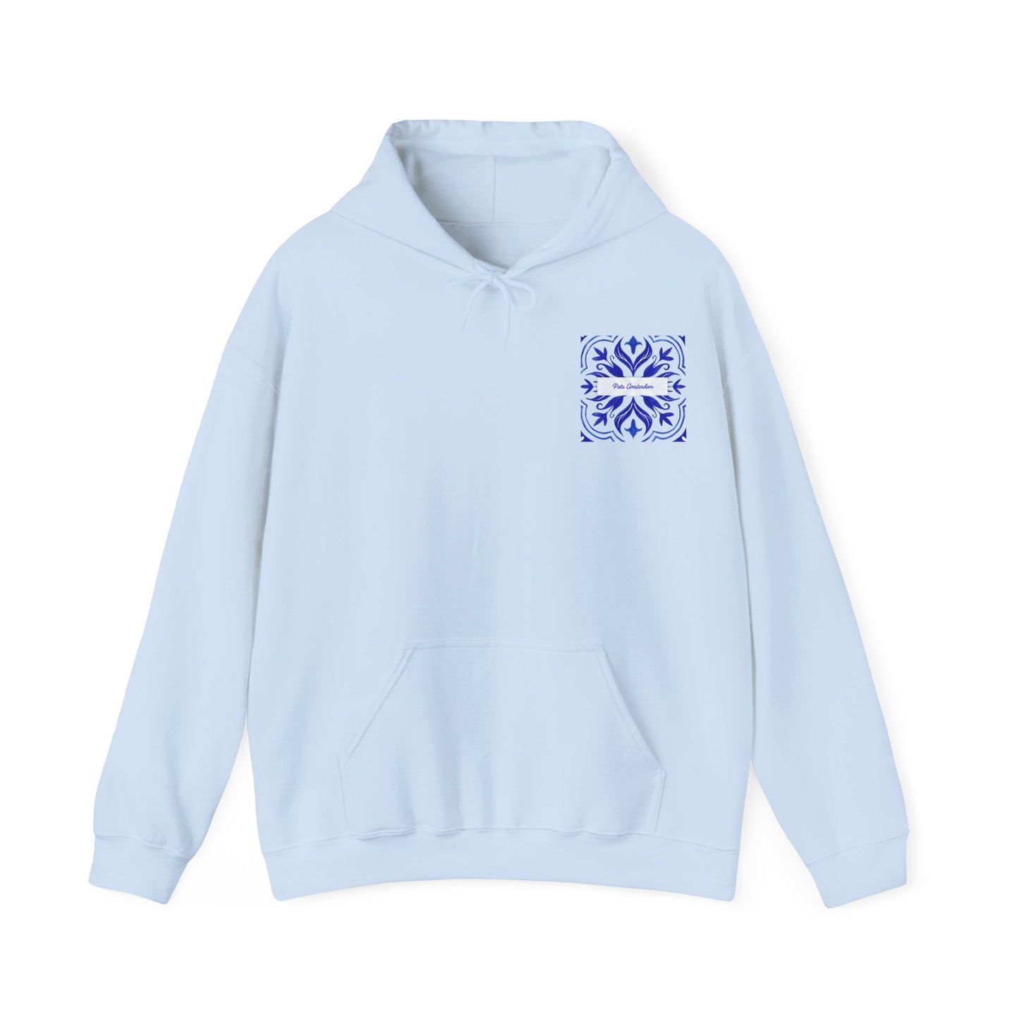 Cozy Unisex Heavy Blend Hoodie with Decorative Blue Design - 'Zoals het thuis tikt'