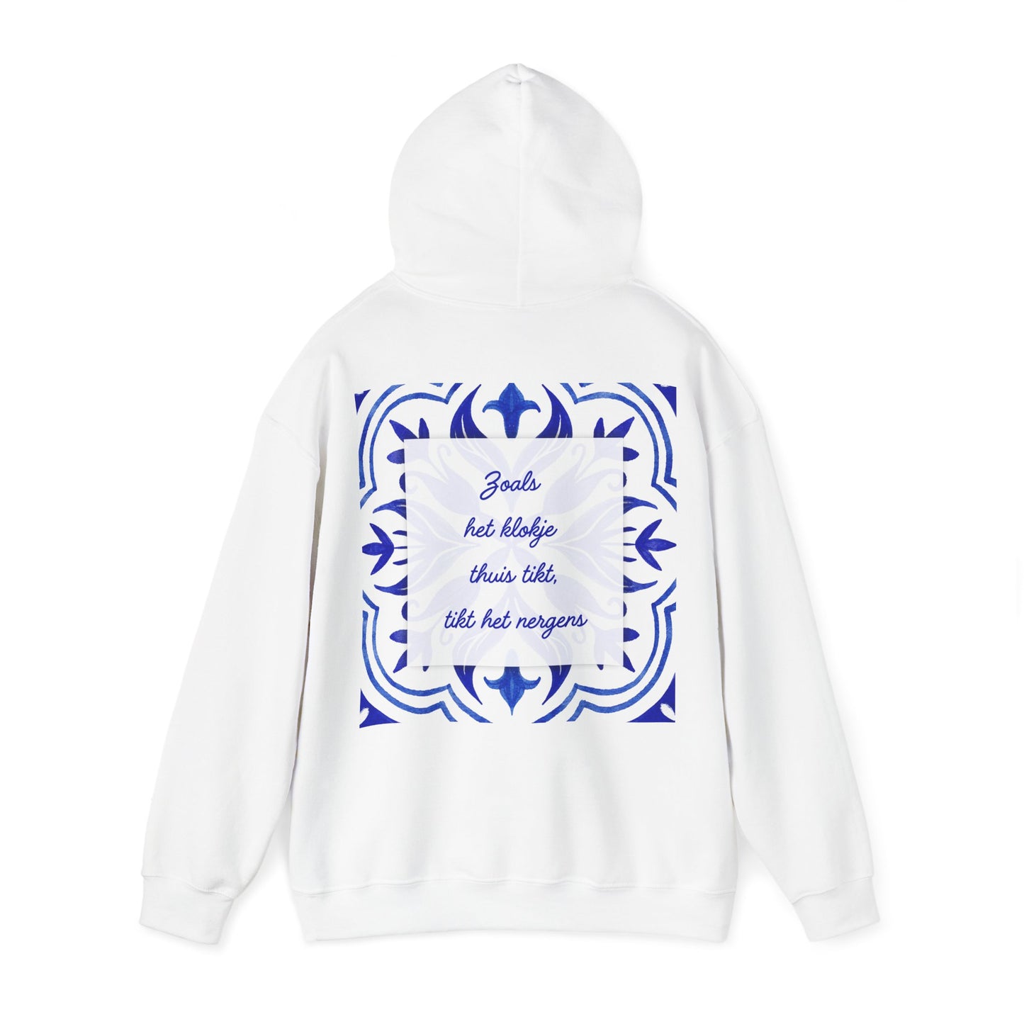 Cozy Unisex Heavy Blend Hoodie with Decorative Blue Design - 'Zoals het thuis tikt'