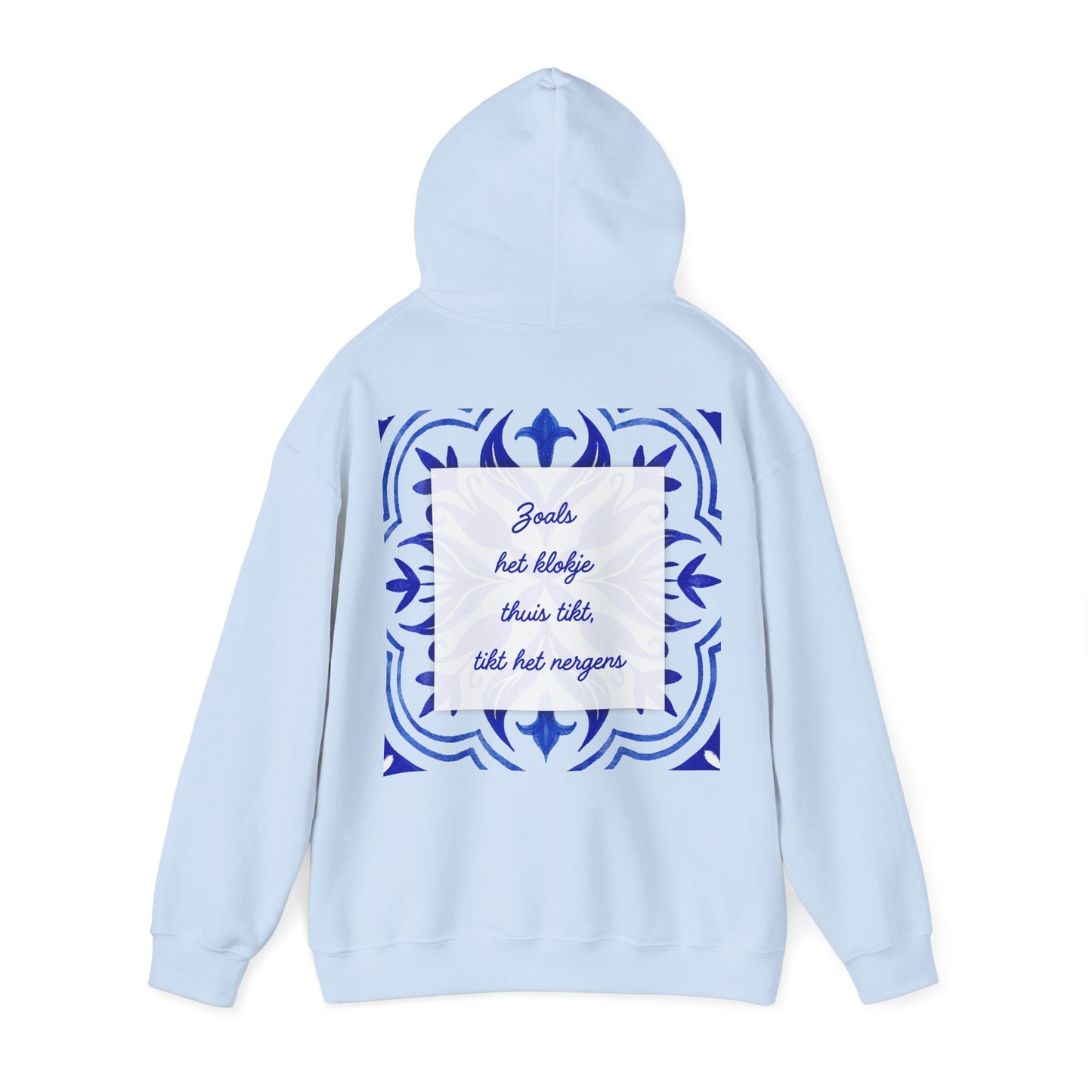 Cozy Unisex Heavy Blend Hoodie with Decorative Blue Design - 'Zoals het thuis tikt'