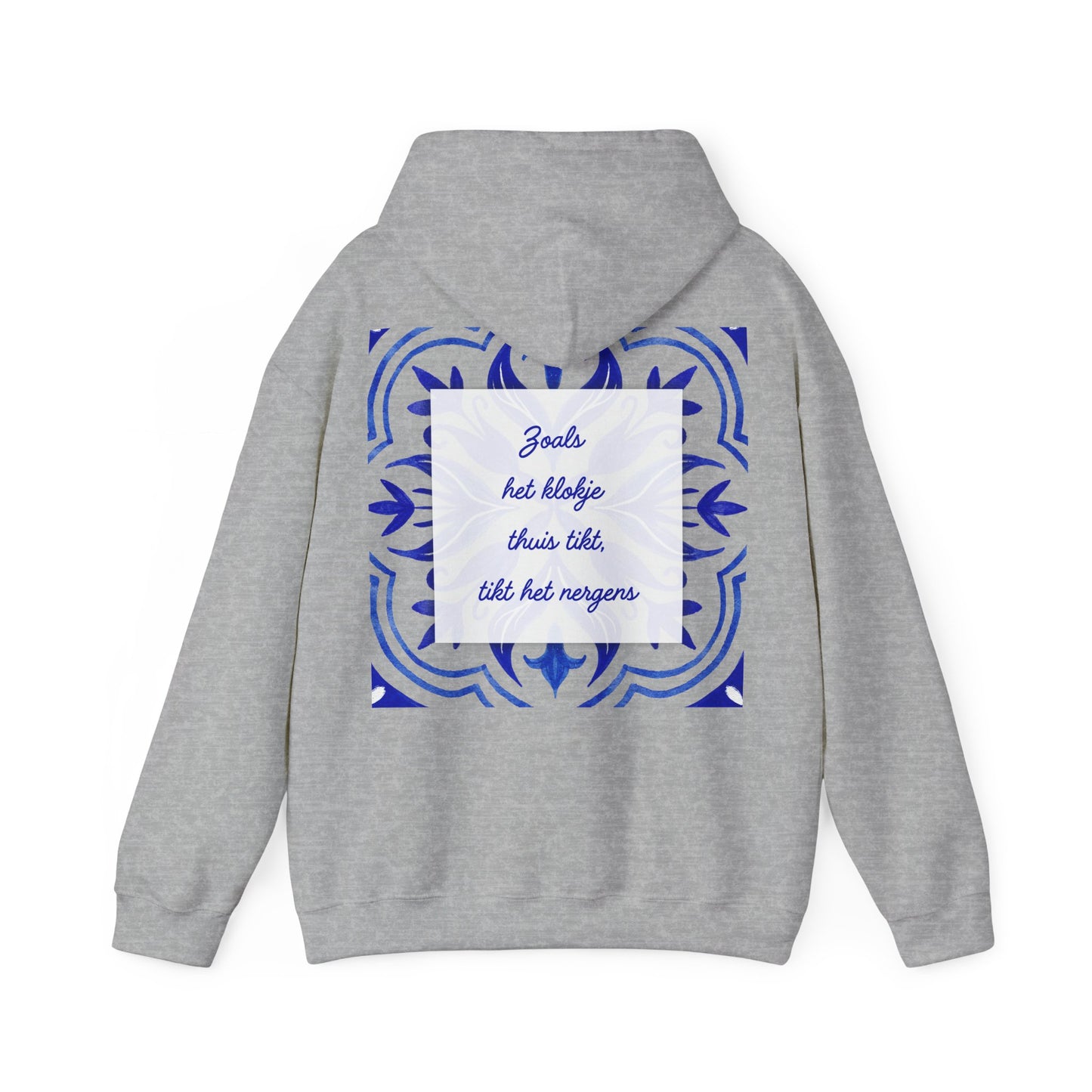 Cozy Unisex Heavy Blend Hoodie with Decorative Blue Design - 'Zoals het thuis tikt'